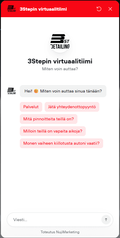 Tekoälypohjainen chattibotti. Referenssikuva 3stepdetailing.fi verkkosivuilta